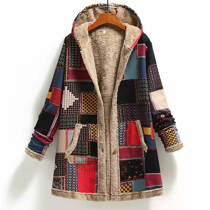 

Зимнее винтажное Женское пальто, женская куртка с карманами, теплая плотная флисовая верхняя одежда с капюшоном и принтом, женские пальто, з...