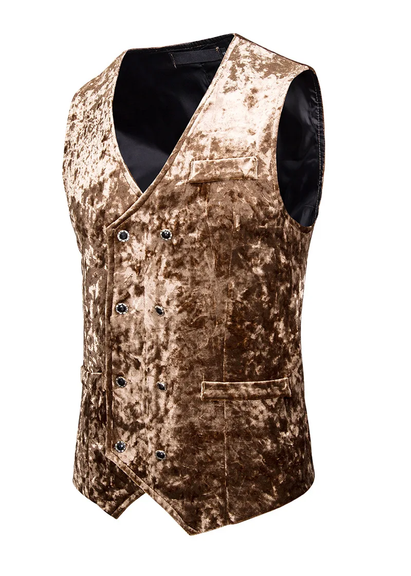 Жилет мужской бархатный двубортный с V образным вырезом и стразами|Костюмные