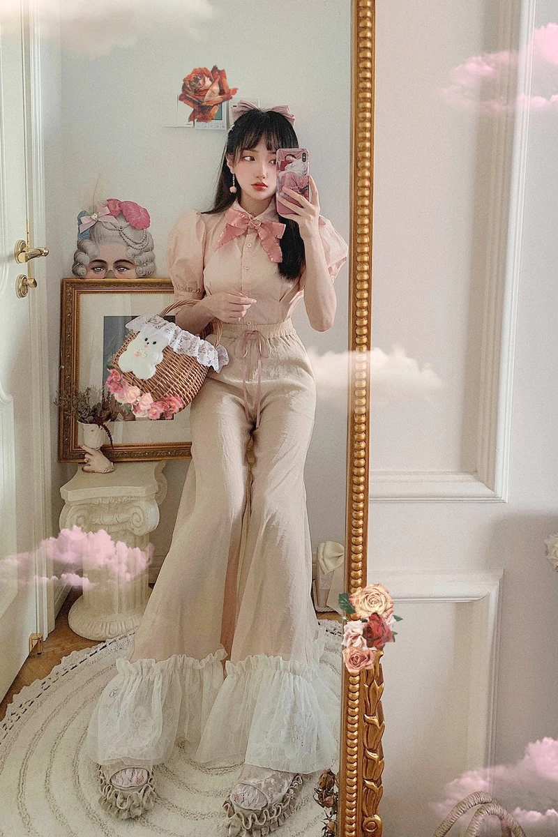 Princess sweet lolita pants Bobon21 Japanese style leg length 2m super slim high lace big hem loose wide leg pants B1866