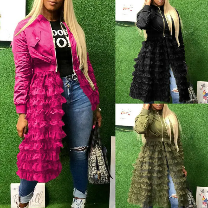 Женский Тренч на молнии с длинным рукавом модная сетчатая юбка оборками подоле