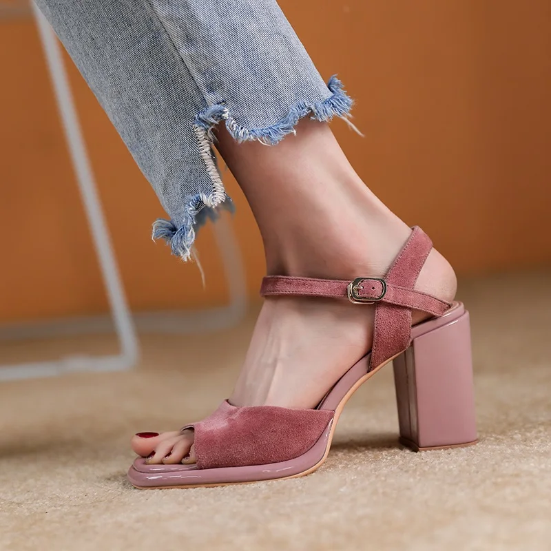 

summer female square high heels casual office sandals for women ankle strap genuine leather woman ladies comfortable dress shoes