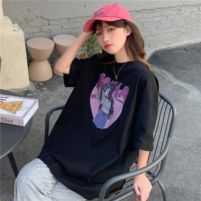 

Cotton Loose Oversized Women T-shirt New Casual TShirt Fashion Short Sleeve Crop Top Cartoon Girl Print T-shirts Summer Houthion