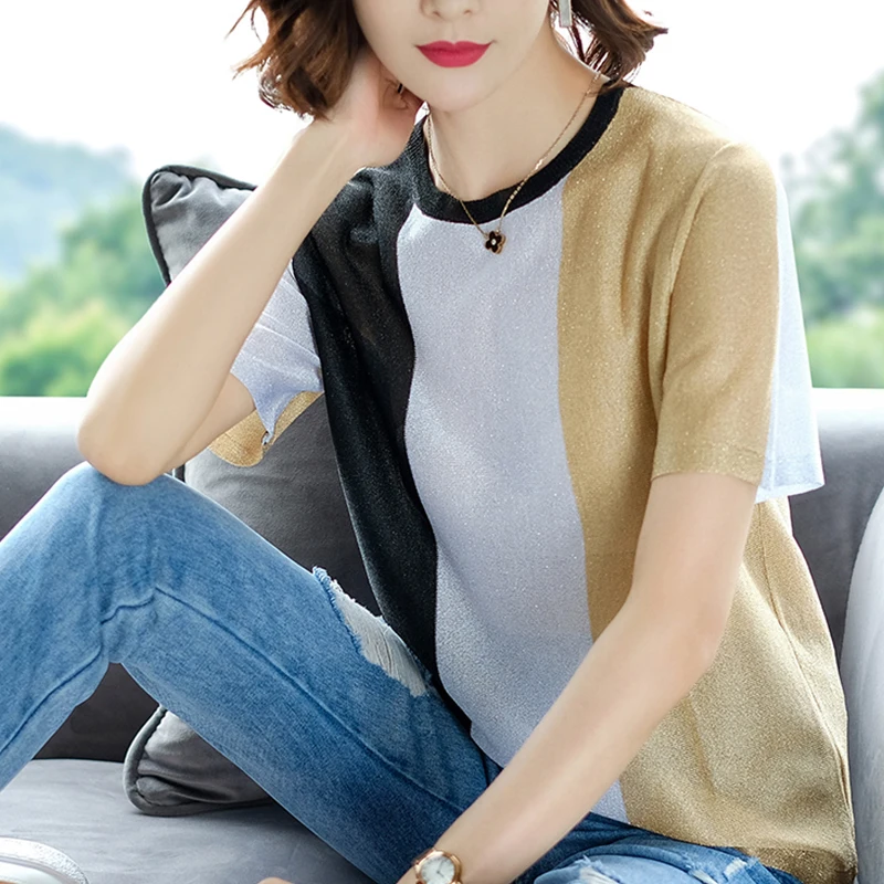 

Kintted Pactwork Women T Shirt Popsocket Short Sleeve Tee Shirt O Neck Slim Tshirt 2020 Summer T-Shirt Femme Camisetas Mujer