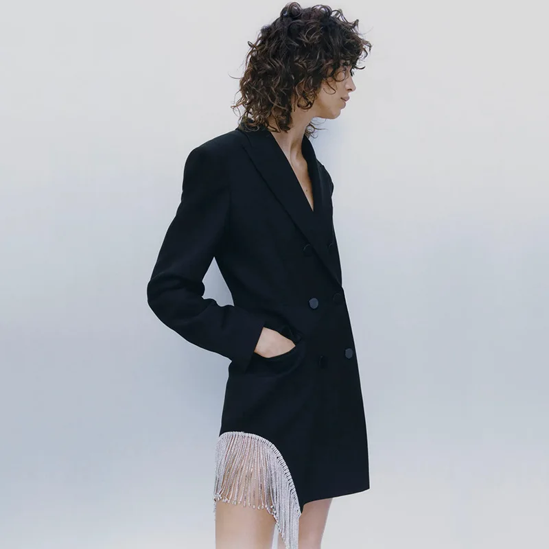 

2021 Spring Autumn Indie Office Lady Work Blazer Fashion Black Tassel Blazers Women Solid Colors Double Breasted Mid-Length Suit