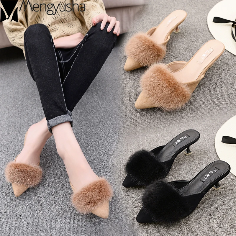 Мюли женские с острым носком бархатные туфли-лодочки на тонком высоком каблуке