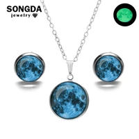 songda glow in the darkness jewelry sets 10 style galaxy planet glass luminous gem necklace earrings jewellery sets for women