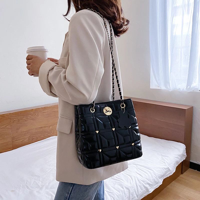 Vintage Ladies Soft Leather Chains Bucket Bags Plaid Rivet Handbag And Purse Women Fashion Simple Large Capacity Shoulder | Багаж и сумки