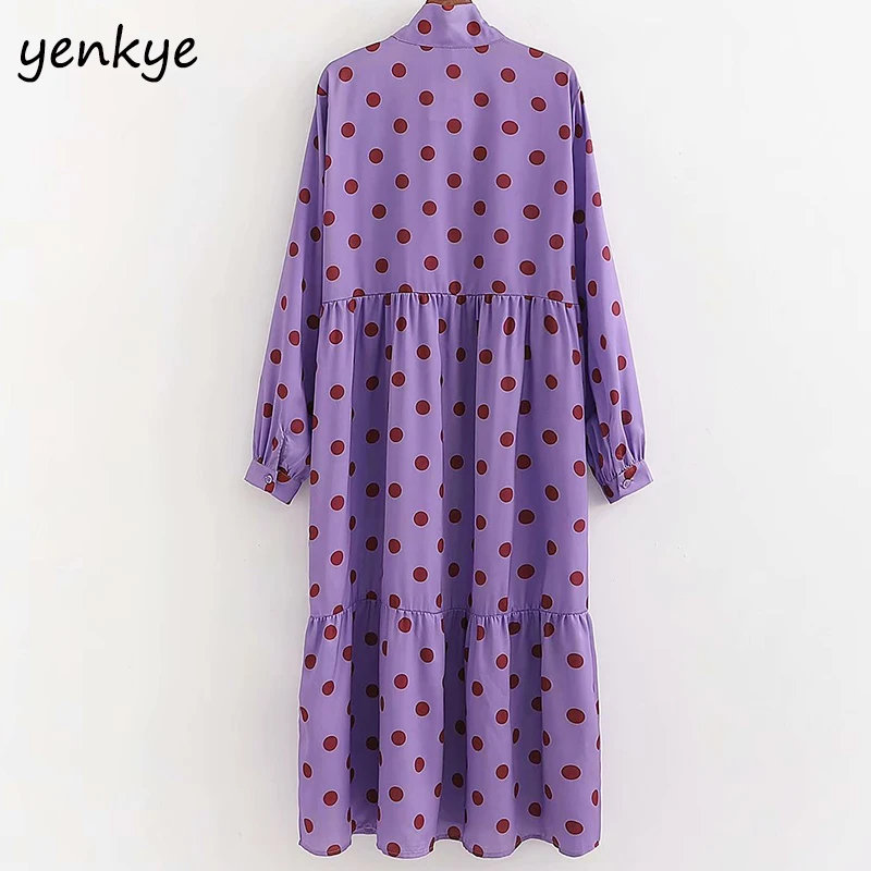 Весна 2020 женское винтажное платье сатин в горошек с бантом на воротнике и длинным