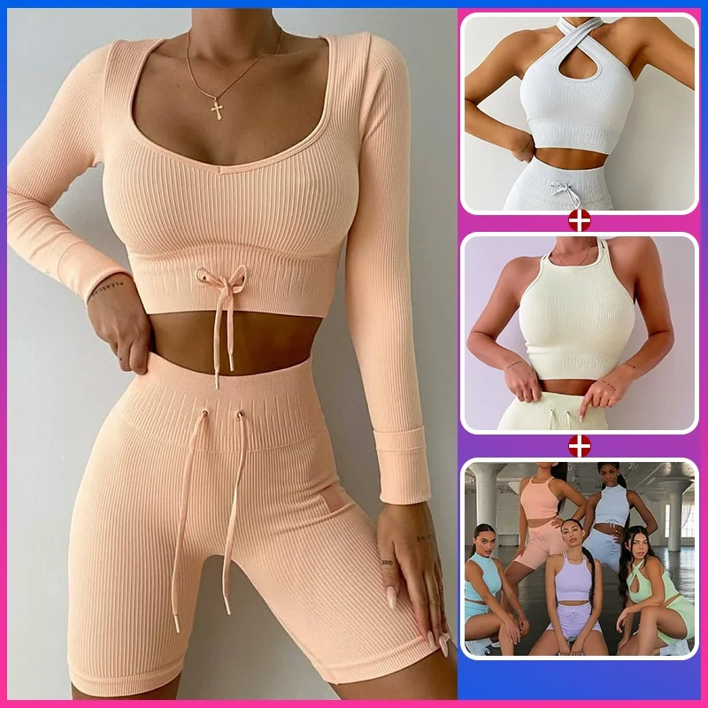 

Drawstring Yoga Set Women Female Crop Top Bra Sport Shorts Gym Clothing Workout Outfit High Waist Seamless Leggings