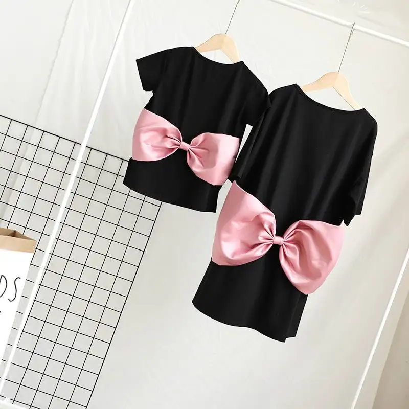 Camiseta de algod&oacute;n con lazo grande para madre e hija, camiseta negra de manga corta, conjuntos a juego para padres e hijos, ropa E7116-2