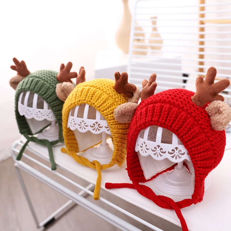 Милая детская шапка с оленем оленьими рогами зимняя теплая плюшевая Вязаная