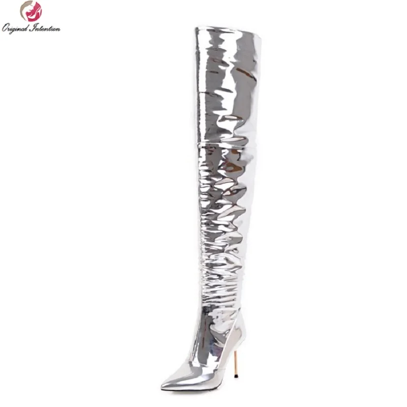 

Original Intention Super Stylish Women Over-the-Knee Boots Pointed Toe Thin Heels Boots Silver Shoes Woman Plus Size 3-10.5