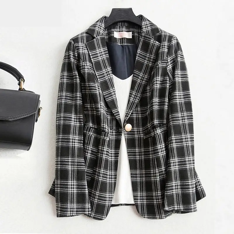 

Spring/autumn Fashion Women's Coat Suit Jacket Office Lady Notched Plaid Blazer Feminino 3xl Blaser