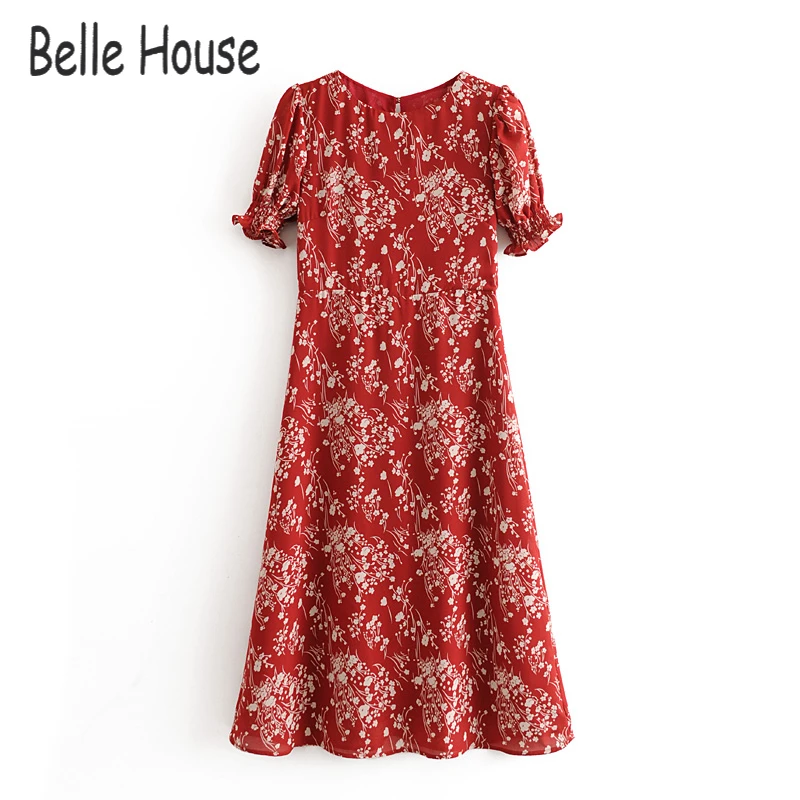 

Women Fashion Elegant 2021 Vintage Floral Print Chiffon Dresses Lady O Neck Short Puff Sleeve Slim A-Line Midi Summer NZ0180