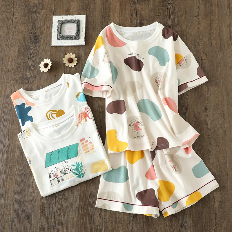 

Пижама женская из чистого хлопка, тонкий комплект из двух предметов, с коротким рукавом и брюки, для отдыха и дома, на лето