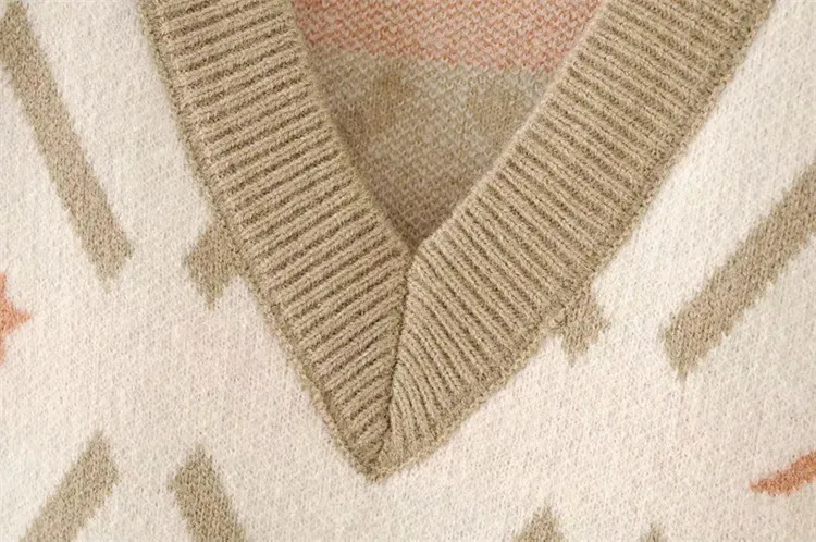 

Fresh Sweet College Style Fashion Geometry Jacquard Sleeveless Sweater Autumn Winter Women's Clothing V-neck Knitted Vest Vest