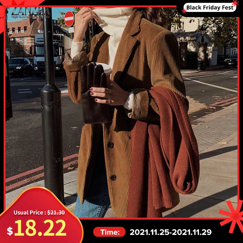 

ZANZEA Autumn New Women Long Sleeve Solid Blazer Lace-Up Vintage Corduroy Turn-Down Collar Fashion Casual Outwear Coat 2022