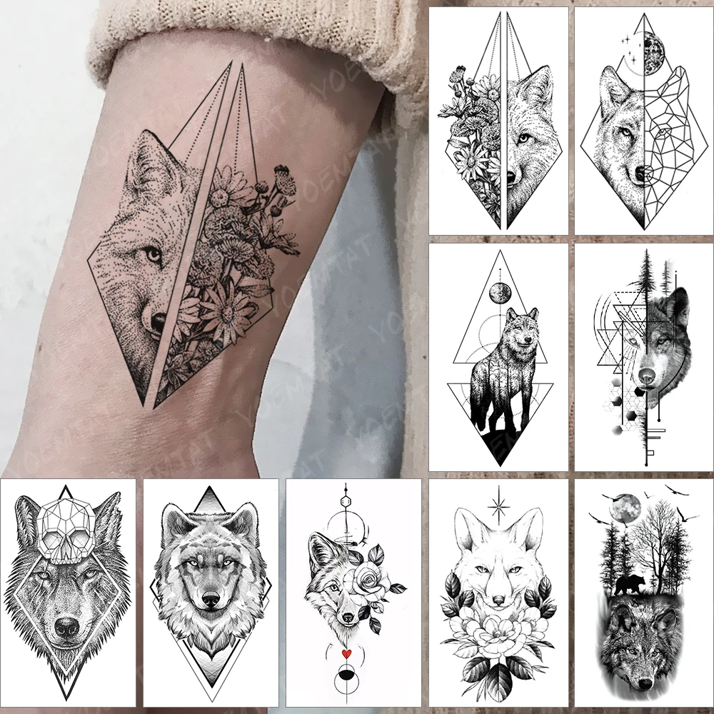 

Waterproof Temporary Tattoo Sticker Wolf Totem Flowers Geometry Simple Lines Flash Tatoo Fake Tatto For Body Art Women Men