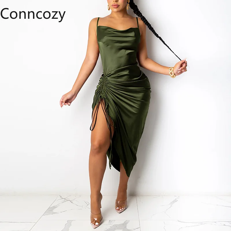 

Spring Summer Dress Women Fashion Sexy Backless Side Drawstring Pleated Split Dress Spaghetti Strap Split Long Dresses Vestidos