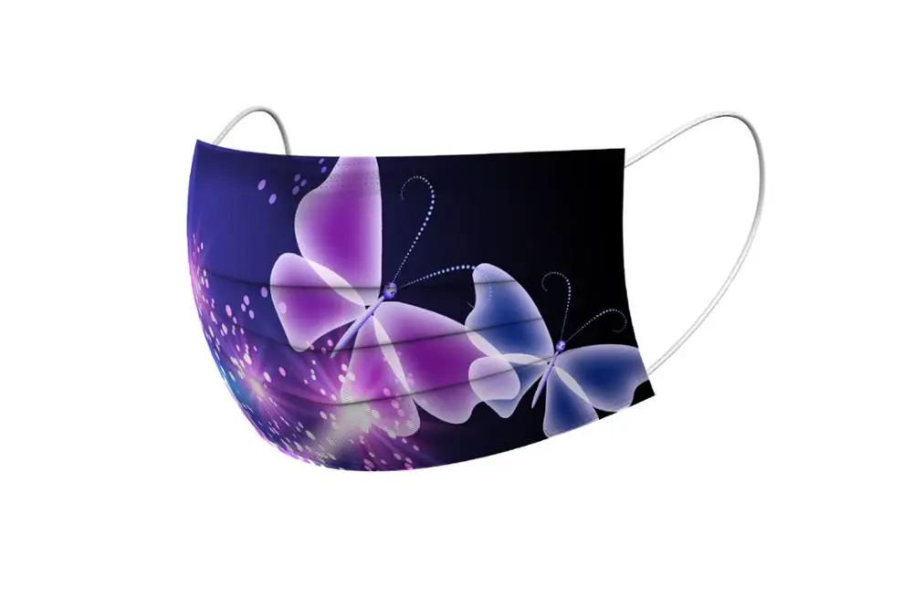 

50 PCS Adult Mask Disposable Mask Printing Non-woven PM2.5 Anti-dust Face Mouth Mask Butterfly Breathable Windproof Adult Mask