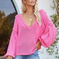 womens knitted blouse v neck pocket solid color oversize lantern sleeve tops fashion loose casual shirts 2021 autumn winter