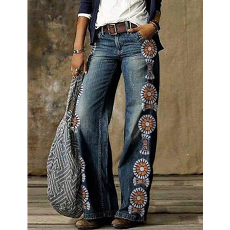 

Mandylandy Women's Fashion Vintage Thin Jeans Lady Print Long Loose Denim Pants Female Wide Leg Trouser