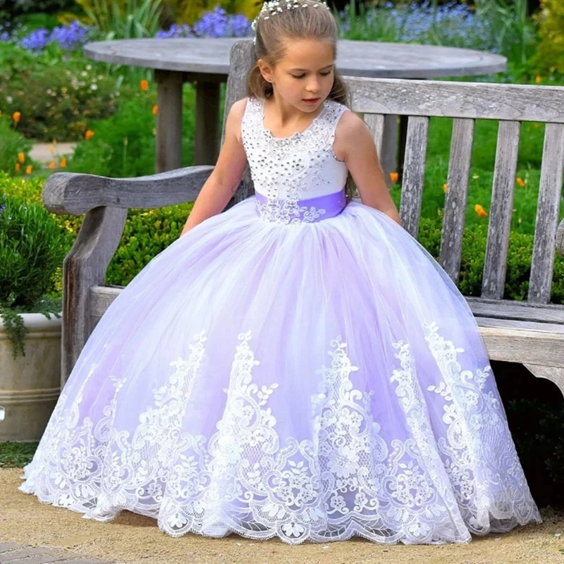 

Lilac Tulle Beads Appliques Flower Girl Dresses Princess Birthday Corset Back Pageant Communion Robe De Demoiselle Baby Party
