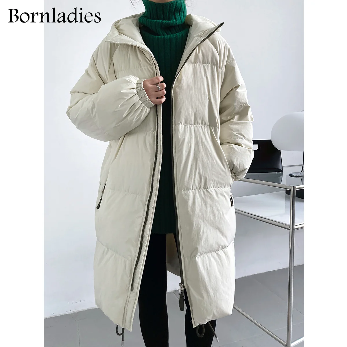 

Bornladies Women Korean Style Loose 90% Duck Down Puffer Jacket 2021 Autumn Winter Female Thicken Warm X-Long Hooded Coats