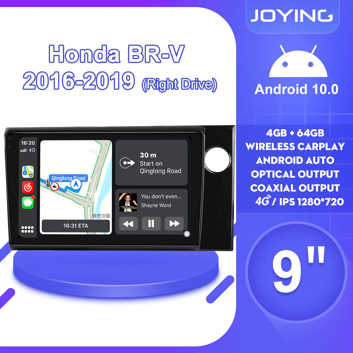 

Автомагнитола 1DIN, 9 дюймов, Android 10, стерео, мультимедийный, авто, 4G, Carplay, для HONDA BR-V, BRV 2016, 2019, правый Привод