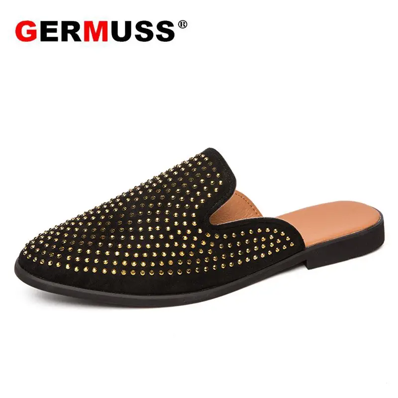 Лоферы ручной работы модные мужские тапочки с блестящими заклепками черные шипы