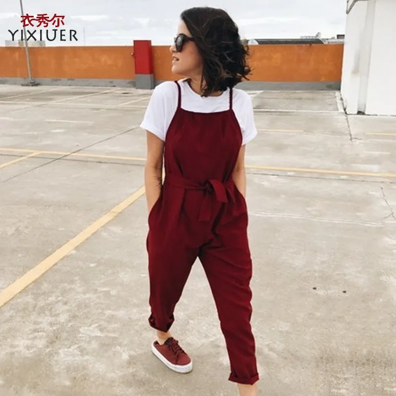 Jumpsuit women cotton and linen casual pants sexy  suspenders wide-leg youthful vitality cute plus size fashion streetwear