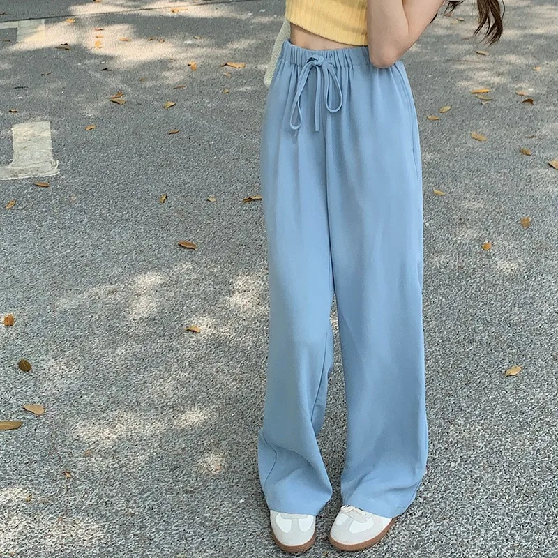 

Casual Loose Straight Long Pants Women Drawstring Solid Elastic Waist Wide Leg Trousers n Leisure Baggy Clothes Summer