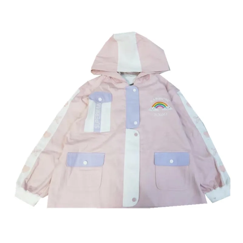 

2 Color New Cute Girl Heart Rainbow Embroidery Jacket Female College Style Casual Tops Loose Harajuku Kawaii Coat Mujer