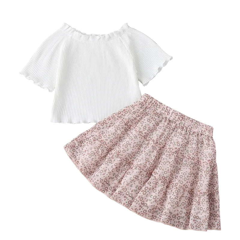 

2021 Summer Children Sets Casual Short Sleeve O Neck White Solid Tops Print Floral Skirt 2Pcs Girl Clothes Sets 18M-6T
