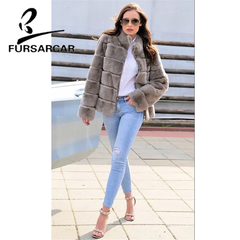 FURSARCAR новые зимние пальто из натурального меха женская модная куртка с мехом кролика рекс с воротником-стойкой толстое теплое пальто из кроличьего меха