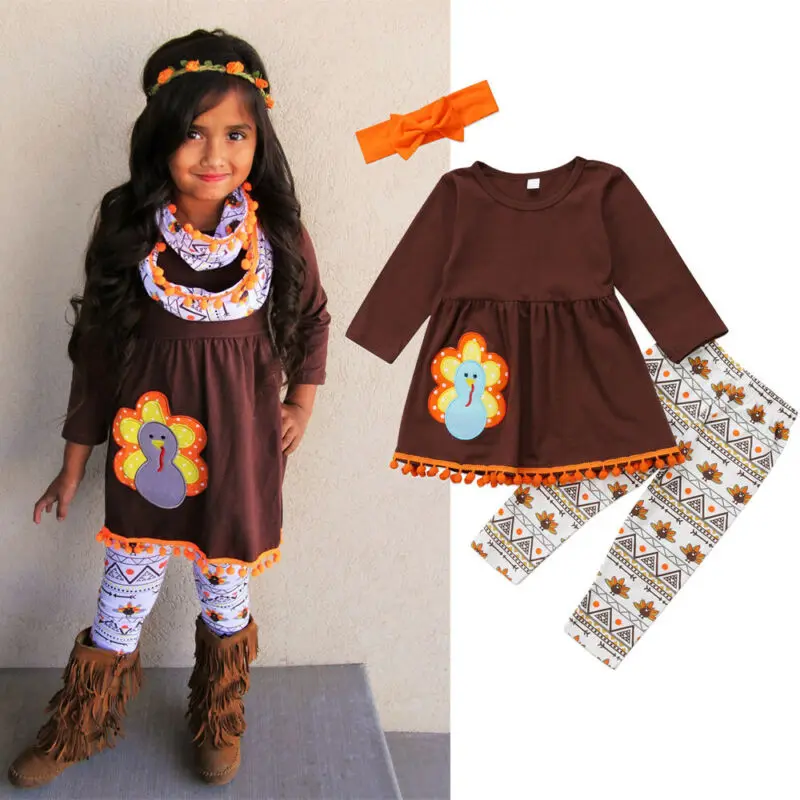 

Toddler Kids Baby Girl Thanksgiving Dress Long Sleeve Tops Print Pants Headband 3Pcs Fashion Outfits Set Autumn Clothes