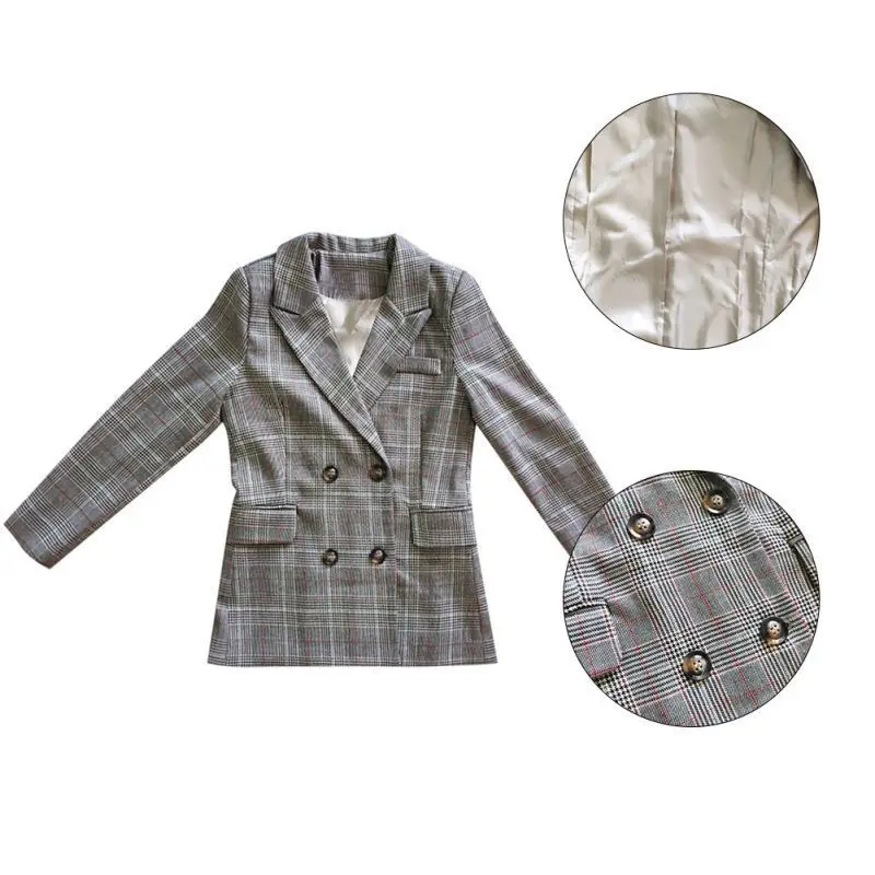 

Women Blazer British style Plaid Print Lapel Double-breasted Autumn Winter Casual Warm Coat