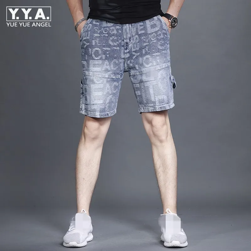 

Print Jean Knee Length Shorts Mens Summer Thin Loose Multi-Pockets English Letter Buttons Jacquard Washed Straight Denim Shorts