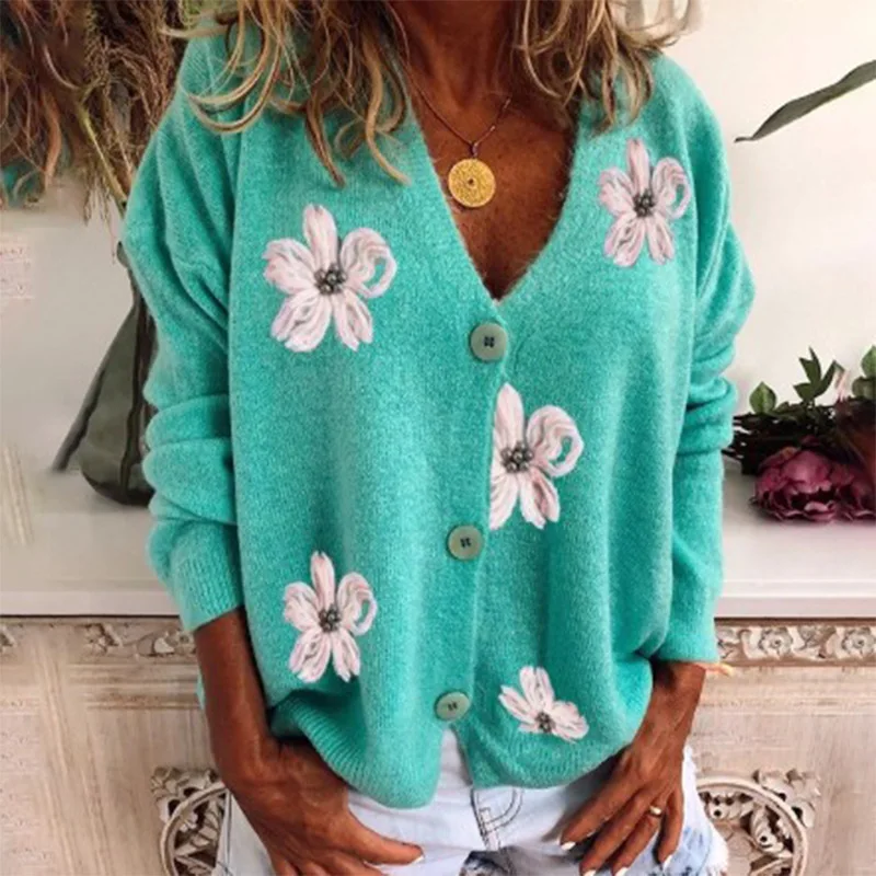 

Nowsaa Vintage Sweater Cardigan Women Daisy Floral Sexy Y2k Green Button Open Stitch E-girl Autumn Winter Loose Knitted Sweaters