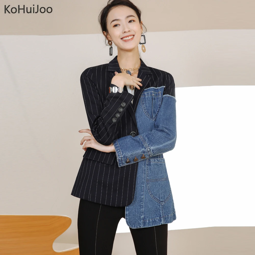 Женский блейзер куртка Дизайнерский полосатый Джинсовый в стиле пэчворк Длинные