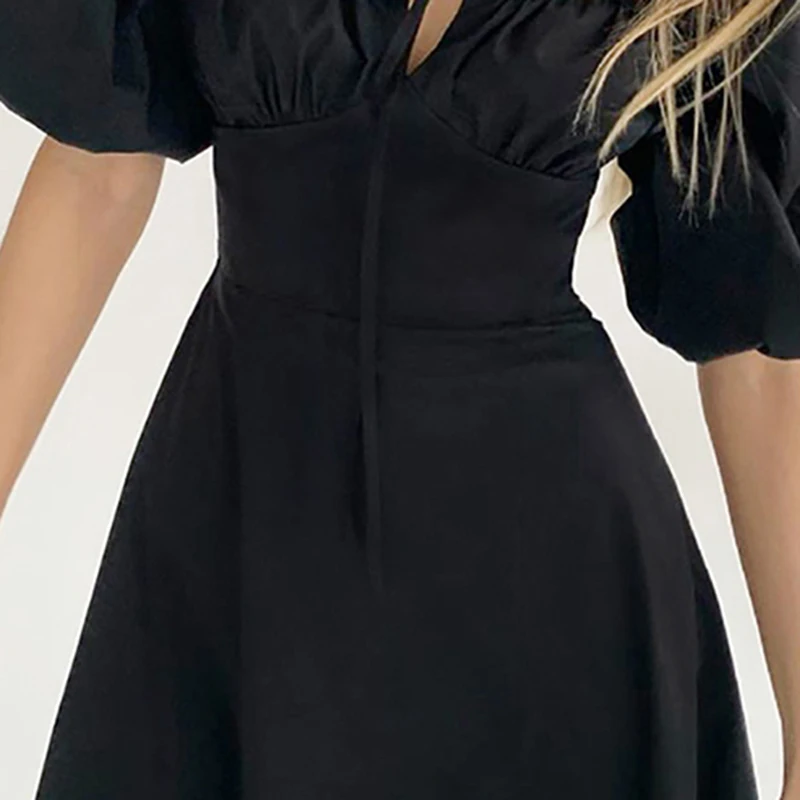 

ONEINALL Black Casual Dress For Women Slash Neck Puff Short Sleeve High Waist Solid Pleated Dresses Female Summer 2021 New Style
