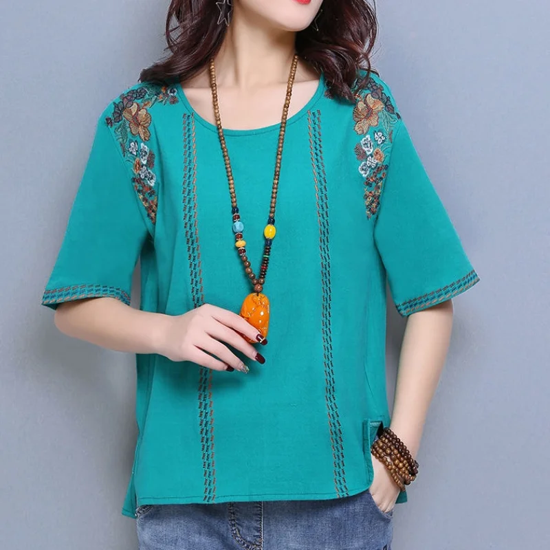 Летняя повседневная женская льняная футболка с вышивкой в китайском стиле