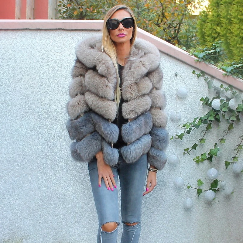 2022 Fashion Women Real Blue Fox Fur Jacket With Hood Genuine Natural Fox Fur Coat For Woman Luxury Overcoat Winter Fur Coats