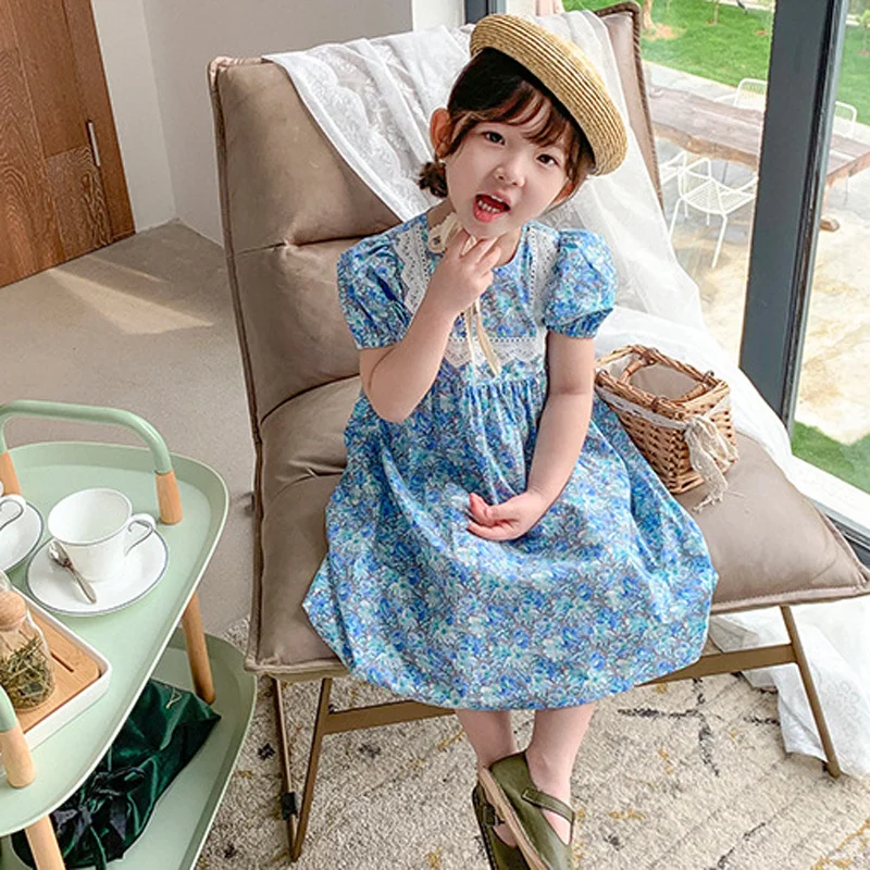 

Summer Girls Dress 2021 New Floral Lace Princess Dress England Farmhouse Style Baby Kids Children's Clothing