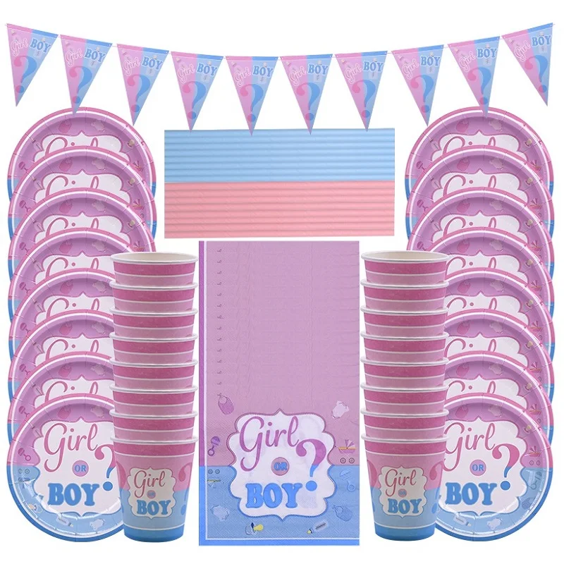 

65pcs/set Gender Reveal Party Disposable Tableware Boy or Girl Print Dinnerware Paper Plates Cups Napkins Baby Shower Supplies