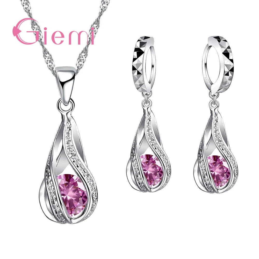 Pink 925 пробы, серебро, новая капля воды, кубический циркон, подвеска, ожерелье и серьги для женщин, дамские ювелирные наборы, свадебные - Окраска металла: Pink