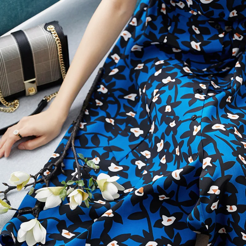 

New silk Night fragrance Blue Floral Dress Short Sleeve Ruffle V neck