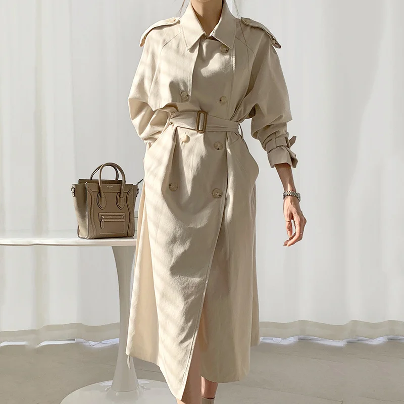 

Женское пальто с отложным воротником, элегантная двухрядная ветровка выше колена с длинным рукавом, поясом и пряжкой в Корейском стиле, оде...