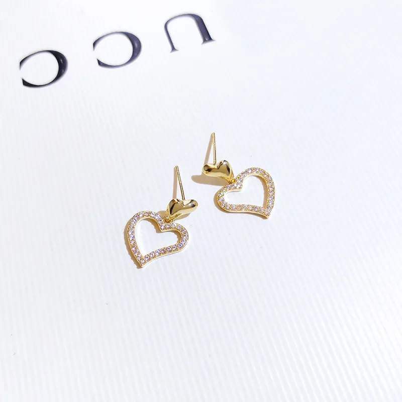 

New Design 14K Gold Plated Plated Pierced Heart Stud Earrings For Women Luxury Jewelry Zircon Earrings