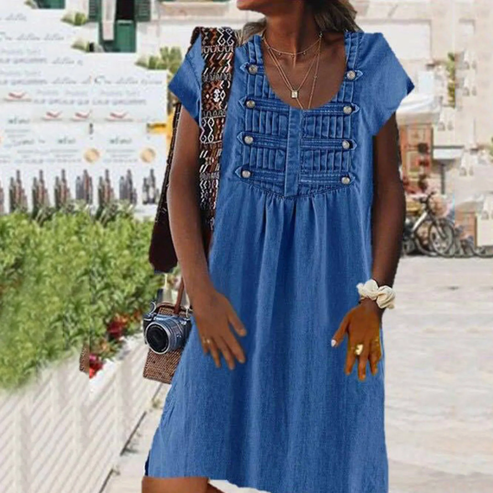 

Young Ladies Casual Simple Style Vintage Solid Color Buttons Mini Holiday Dresses Girls Round Neck A-line Printing Party Dress